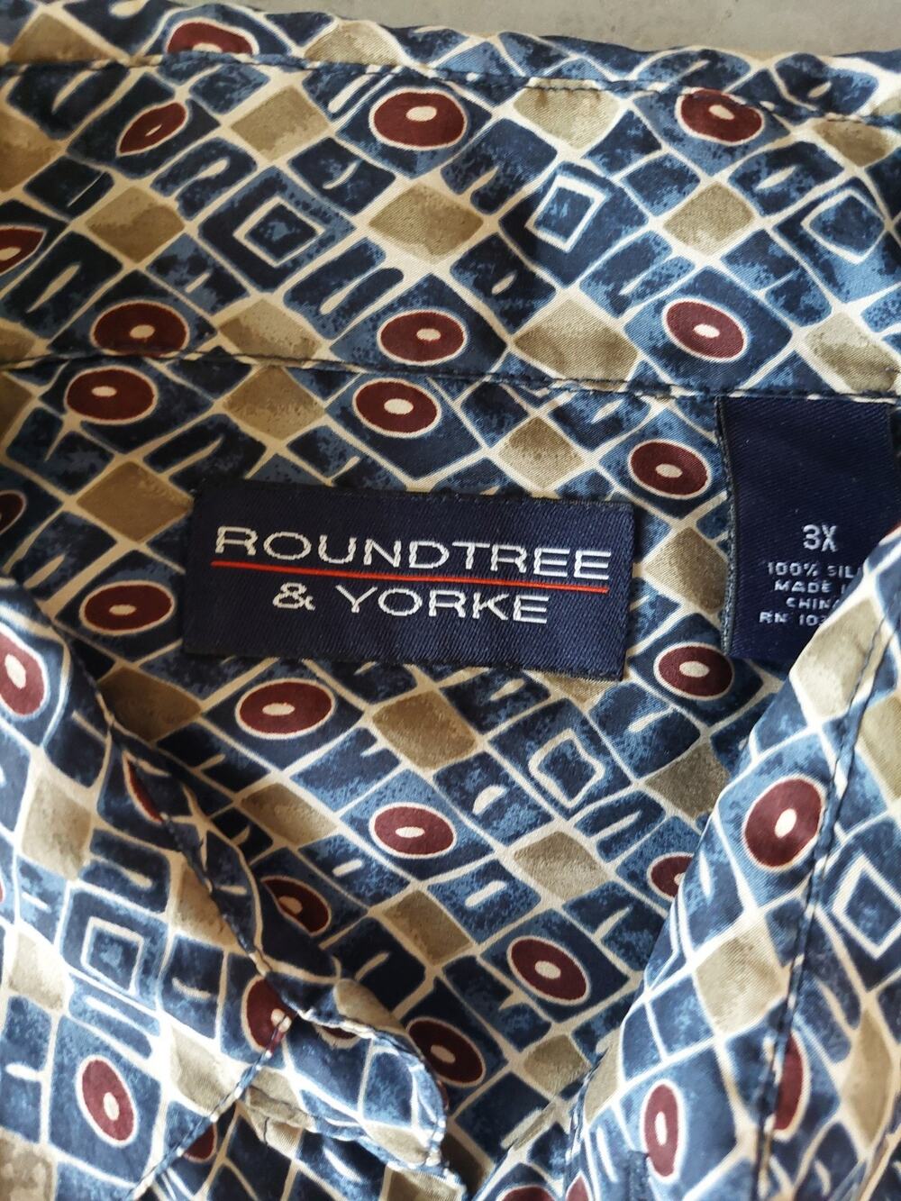 NWOT Roundtree & Yorke Men 3XLT S/S Button Up 100% SILK Shirt Blue Print Pocket